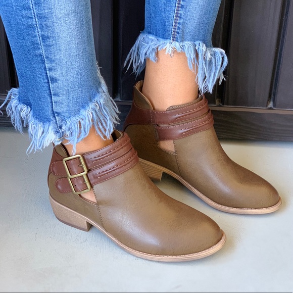 Boutique Shoes - Colorblock Buckle Cut Out Ankle Chic Booties